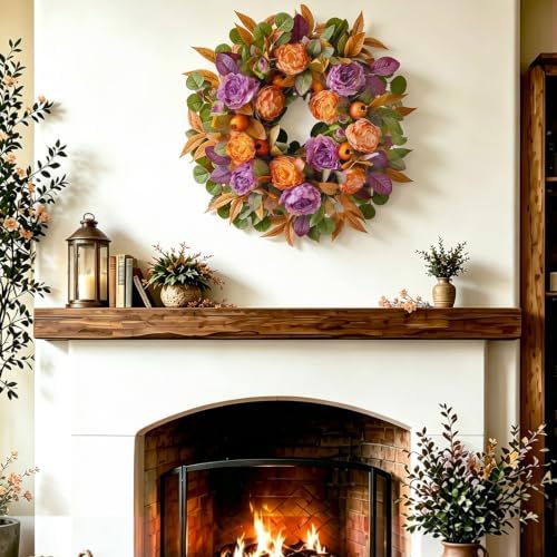 24 Inch Harvest Fall Wreath for Front Door Outside with Orange Purple Peony