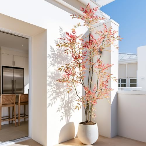 7.2ft Faux Bamboo Tree Artificial Nandina Tree Artificial Indoor Plants Realistic Fake Potted Tree with 800+ Leaves, Cement Planter - Home Office Decor Perfect for Housewarming Gift Non-Toxic