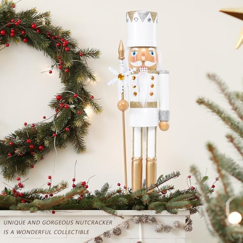 MUMTOP 15 Inch Christmas Nutcracker Decorations,White King Wooden Figures