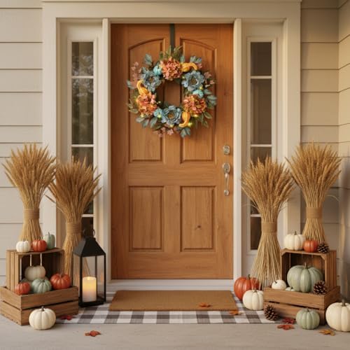 DecorbyHannah 24'' Fall Wreath for Front Door with Lights & Peony Hydrangea