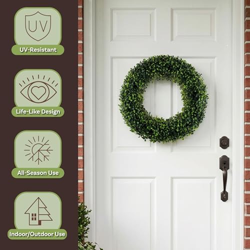 Pure Garden Round Boxwood Wreath for Front Door, Green, 19.5” x 2.5”