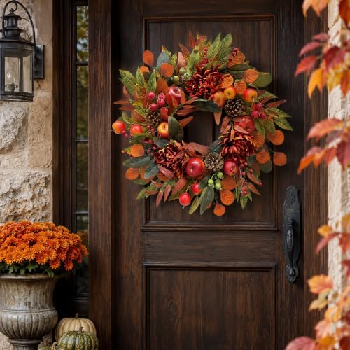 Svndlyn 22 Inch Fall Front Door Wreath with Faux Apples, Pinecones and Mums