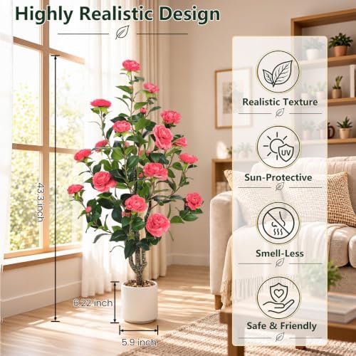 UPBUD Artificial Camellia Tree 2 Pack, 3.6FT Tall Fake Camellia Plant