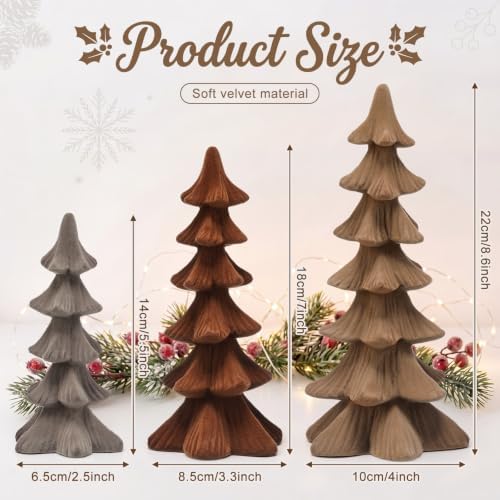 Newwiee 3 Pcs Christmas Velvet Trees Velvet Tabletop,Brown, Gray