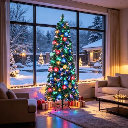 Juegoal 7.5FT Pre-Lit Pencil Christmas Tree with Fiber Optic, 300LED Lights