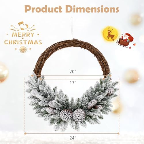 GOFLAME 24” Pre-lit Artificial Christmas Wreath, Snow Flocked Xmas Hoop Wreath with 35 LED Lights, 65 Branch Tips, 8 Natural Pine Cones, Timer, Battery-Operated Holiday Decoration for Window Wall