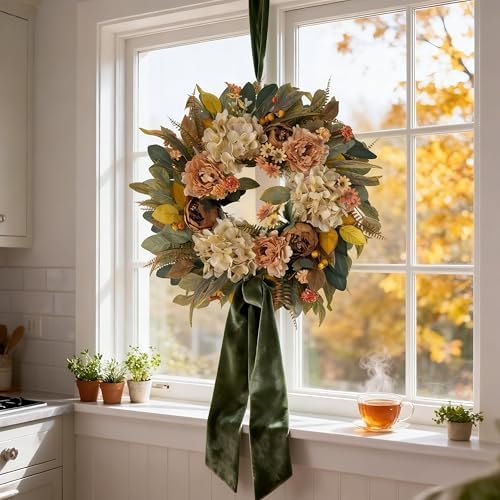 HipTree 24 Inch Fall Hydrangea Peony Wreath for Front Door