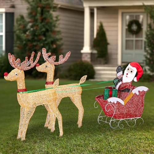 VINGLI 6FT Lighted Christmas Reindeer and Sleigh Outdoor Decorations, 2 Reindeer Pulling Santa’s Sleigh, Warm White LED Glitter Mesh Deer for Xmas Yard Lawn Garden Porch Holiday Decor