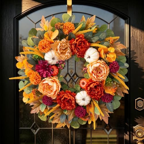24 Inch Fall Wreaths for Front Door with Orange Peony and Burgundy Dahlias
