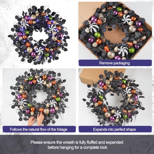JORNOY 30-Inch Halloween Wreath with Battery Timer - Spider, Balls, Skull