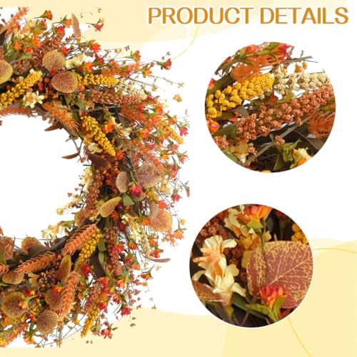 24 Inch Fall Wreaths for Front Door Wreath with Flowers,Grain,Eucalyptus Leaves Autumn Wreath for Front Door Wall Home Harvest Thanksgiving Decor