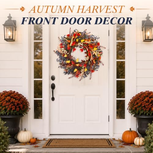 24" Fall Wreaths for Front Door, Fall Wreaths Lush Autumn Leaves & Berries