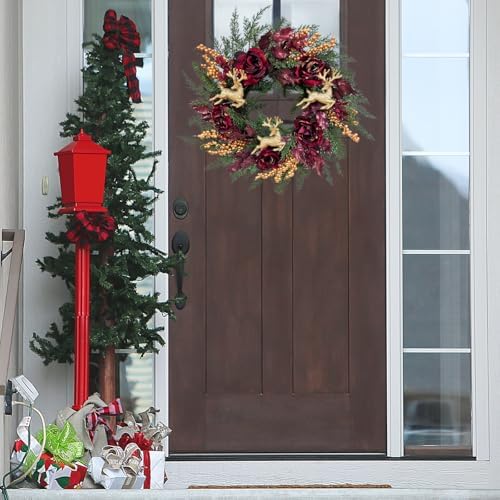 Svndlyn 22 Inch Lighted Burgundy Christmas Wreath with Timer and Reindeer