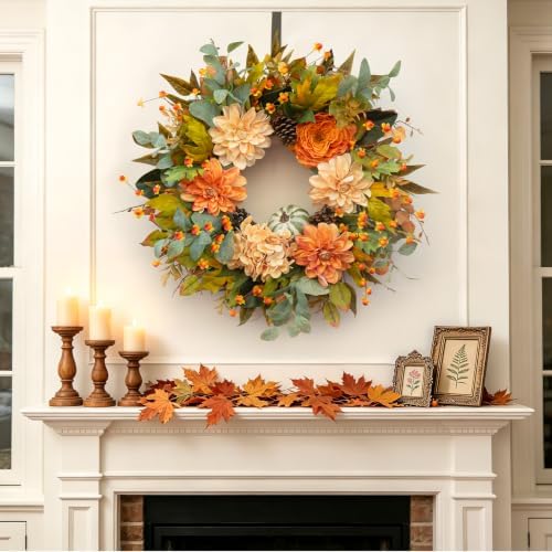 24 Inch Harvest Fall Wreaths for Front Door Outside with Dahlia & Pumpkins