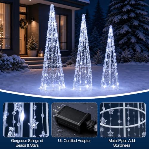 Tangkula Set of 3 Lighted Christmas Cone Trees with Cold White LED Lights