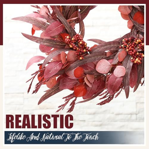 22" Burgundy Fall Wreath for Front Door Artificial Eucalyptus Wreaths