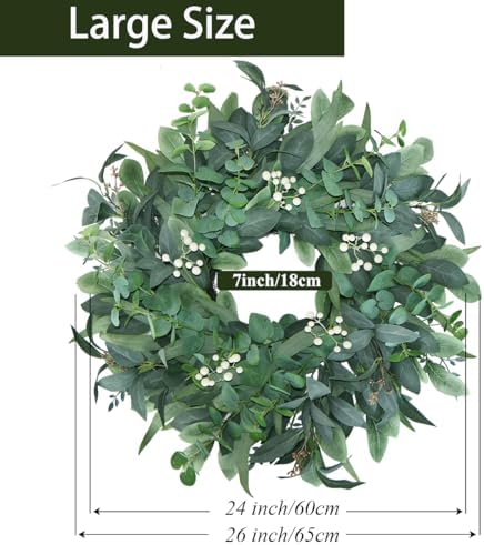 24"-26“ Green Eucalyptus Wreaths for Front Door with White Berries – Lifelike Spring, Summer, and Winter Wreath for Farmhouse Front Porch, Window, Door Decor