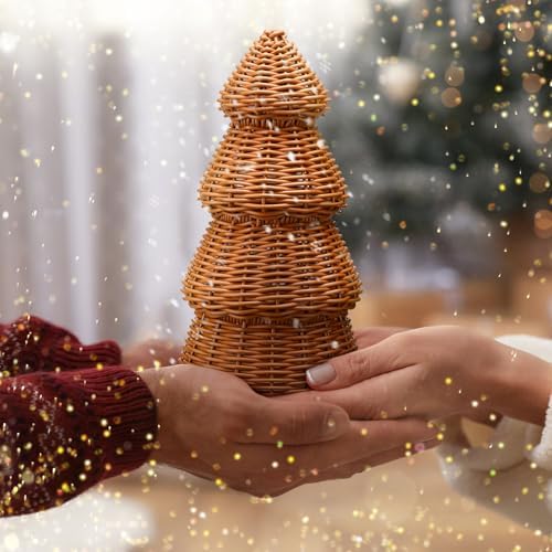 Bucherry 3 Pcs Rattan Christmas Tree Decor Rustic Woven Xmas Figurine