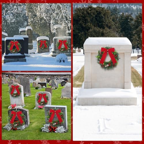 Yuntau 2 Sets Christmas Memorial Cemetery Wreath for Graves Kit Include 2 Pcs 15.8" Gravestone Wreaths 2 Pcs Wreath Hangers for Headstone Adjustable 6"- 11" Winter Xmas Tombstone Decor(Pine)