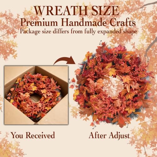Fall Maple Leaf Wreath, 26Inch Fall Wreaths for Front Door, Large Autumn Wreath with Maple Leaves and Berries, Fall Wreath for Porch Thanksgiving & Harvest Fall Decor