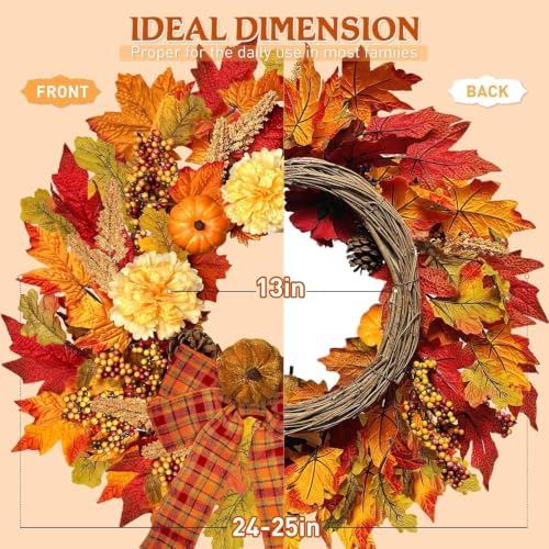 ICX 24 Inch Fall Wreaths for Front Door, Autumn Wreath with Lights and Bows
