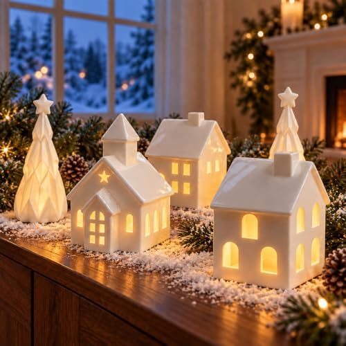 Christmas Village Sets, 5-Piece Ceramic Houses and Pine Trees, Xmas Decor