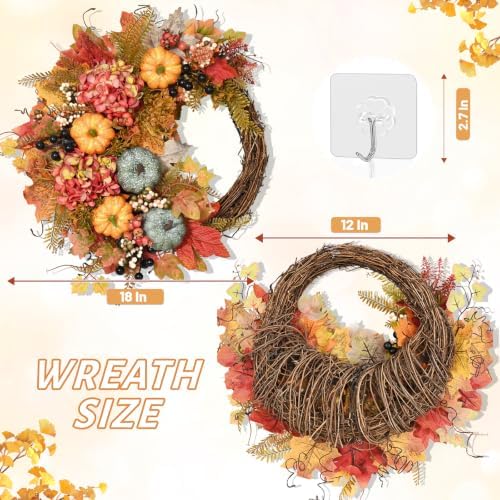 Fall Wreaths for Front Door, Artificial Pumpkin Hydrangea Autumn Wreath