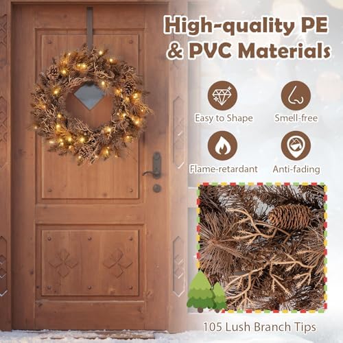 Goplus 24 Inch Pre-Lit Christmas Wreath, Battery Operated Lighted Artificial Winter Xmas Wreaths for Front Door with 105 Branch Tips, 35 Warm White LED Lights, Pine Cones, Windows Wall Mantel Decor