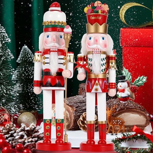 2 Pcs Wooden Christmas Decorations Nutcracker Soldier, 38CM Traditional Painted Nutcracker Figures,Festive Collectible Christmas Party for Home Fireplace Christmas Tree Party Decoration