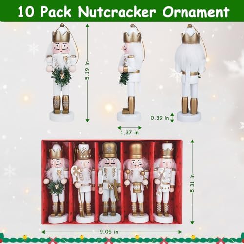 10Pcs Nutcracker Christmas Decor Nutcracker Ornaments for Christmas Tree Wooden Nutcracker Hanging Decorations Gold and Silver Nutcracker Soldiers Glittered Nutcracker Figures 5.2” Xmas Ornament Set