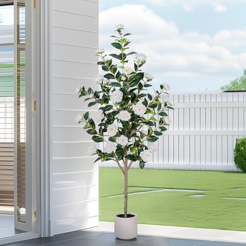 Yepdin 63 inch Artificial Camellia Tree with White Flower Pots -2 Pack White Fake Tree,5 Ft Faux Plants Indoor wich Blooming,Artificial Plants for Indoor & Outdoor Home Front Door Decor