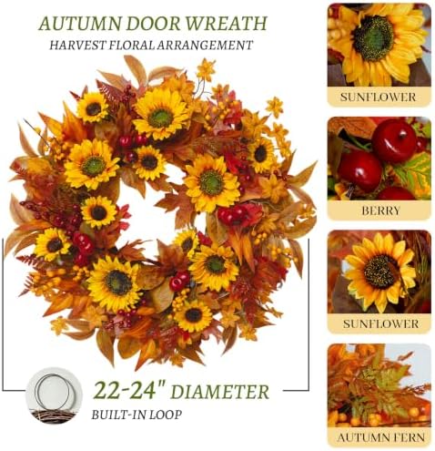 24 Inch Harvest Fall Wreaths for Front Door with Sunflower and Red Berries