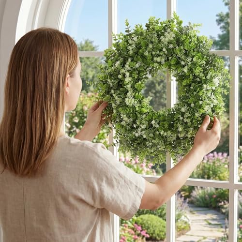 26 Inch Faux Boxwood Wreath for Front Door, All Season Green Wreath