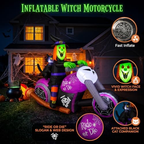 7FT Gaint Halloween Inflatables Witch on Motorcycle with Black Cat,Blow Up Outdoor Decorations with LED for Yard,Lawn, Garden, Porch and Party