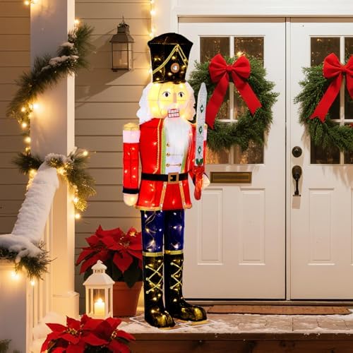Tangkula 5 FT Christmas Lighted Nutcracker Holding Glitter Sword Decoration