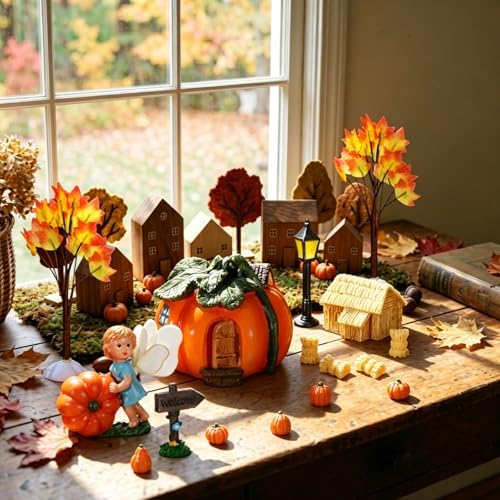 Pinkunn 16 Pcs Fall Fairy Garden Miniature Pumpkin Fairy House Statue