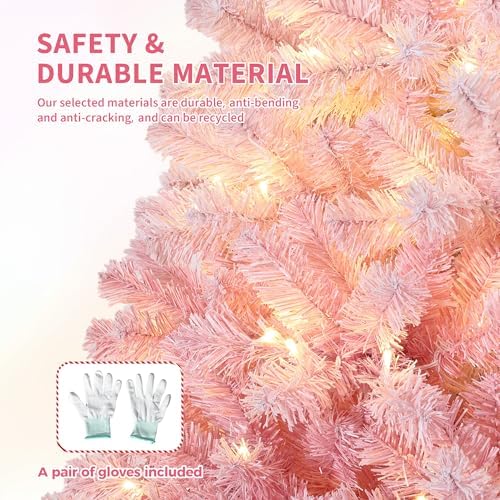 Garvee 6 ft Pre-lit Artificial Christmas Tree with 250 Warm White LED Lights, Snow Flocked Christmas Tree with 750 Branch Tips & Metal Stand, Indoor Outdoor Xmas Decoration, Pink Gradient