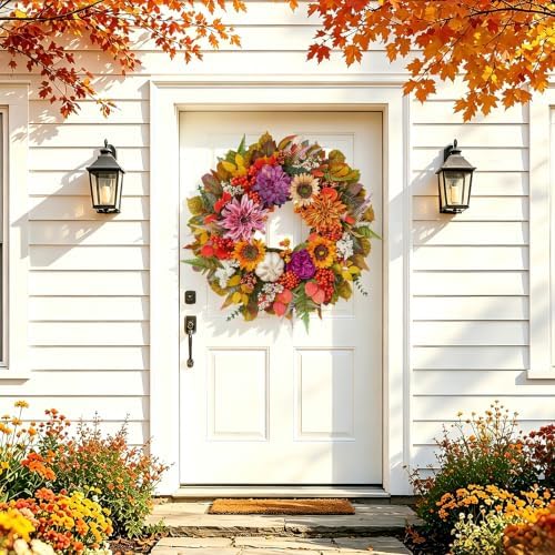 Fall Wreaths for Front Door 24" Vintage Purple Autumn Harvest Wreath