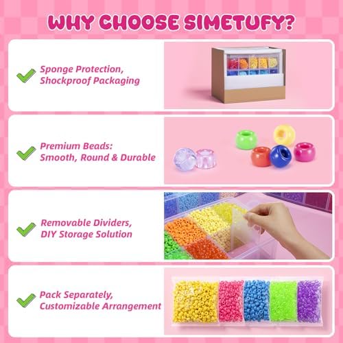 Simetufy 14000Pcs Pony Beads Bulk, 30 Colors 6x9 Kandi Beads for Bracelet