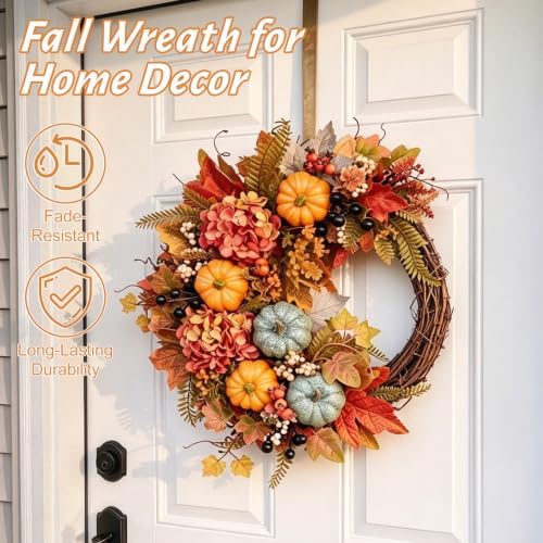 Fall Wreaths for Front Door, Artificial Pumpkin Hydrangea Autumn Wreath