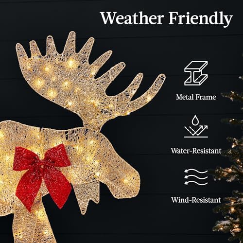 Best Choice Products 2D Moose Family Outdoor 2Pc Christmas Yard Décor, 4ft Lighted Yard Set Prelit All-Weather w/ 125 LEDs, Ground Stakes - Gold