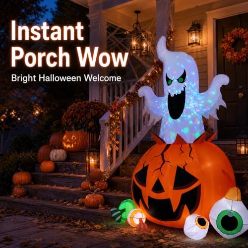 8FT Halloween Inflatable Ghost Pumpkin with Colorful LED Lights Yard Decor