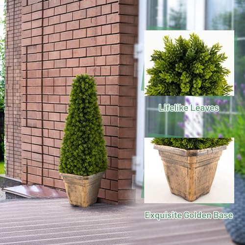 GOFLAME 3FT Artificial Boxwood Topiary Tree, Faux Boxwood Tree with Cement-Filled Pot, Fake Potted Bushes and Shrubs for Indoor & Outdoor Porch Garden Patio, No Maintenance Needed