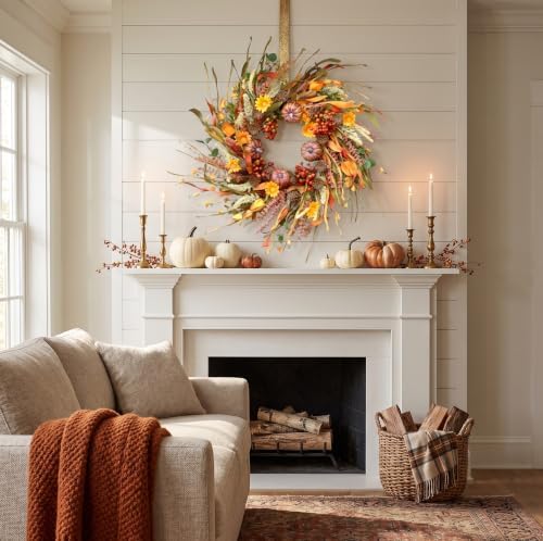 26 Inch Pumpkin Fall Wreath for Front Door Outside with Pinecones Berries