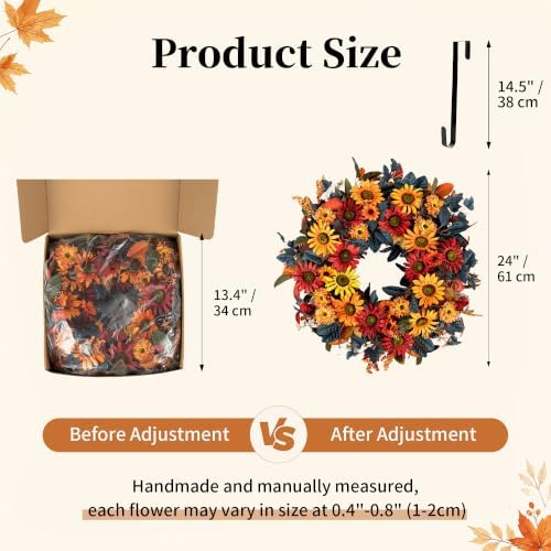 BLOSMON 24in Fall Wreaths for Front Door, Sunflower Fall Wreath with Hanger