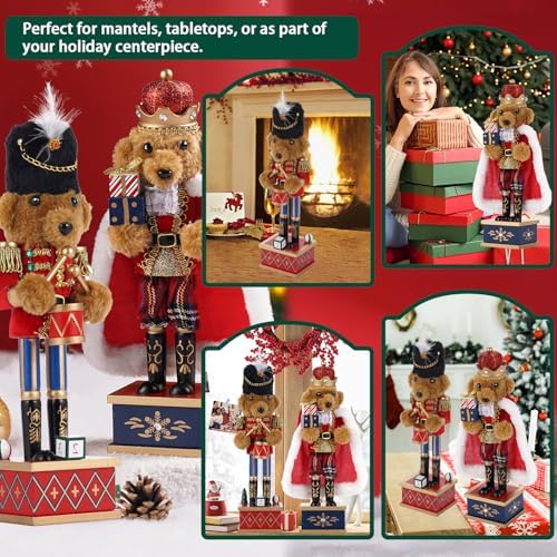 2 Pcs Wooden Christmas Decorations Nutcracker, 28CM/11 inch Traditional Nutcracker Figures,Festive Collectible Christmas Nutcracker Figures Party Tabletop Thanksgiving Decor (Bear Drummer & Bear King)