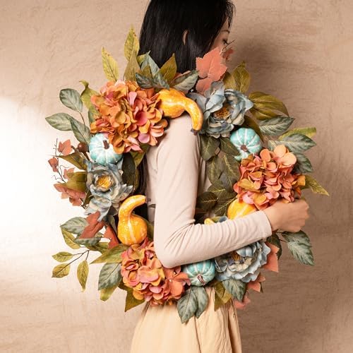DecorbyHannah 24'' Fall Wreath for Front Door with Lights & Peony Hydrangea