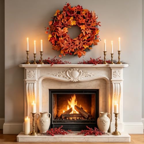 Fall Maple Leaf Wreath, 26Inch Fall Wreaths for Front Door, Large Autumn Wreath with Maple Leaves and Berries, Fall Wreath for Porch Thanksgiving & Harvest Fall Decor