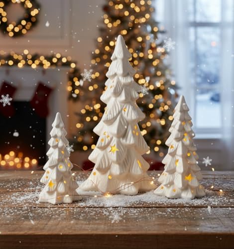 Nuogo 3 Pcs Lighted Ceramic Christmas Tree White Porcelain Tabletop