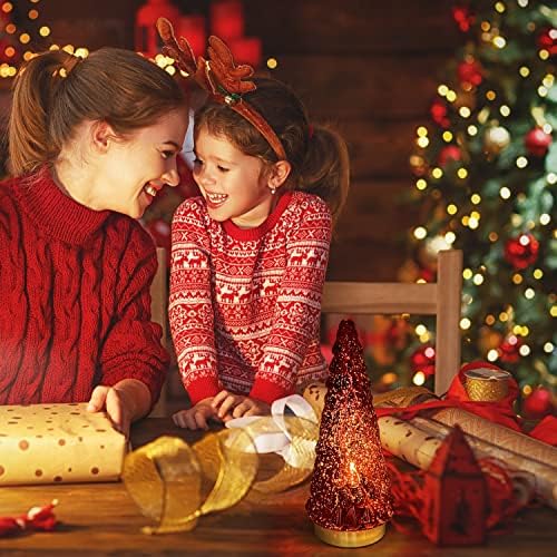 Red Glass Christmas Tree 3pcs, Small Tabletop Mercury Christmas Tree with Light, Battery Operated Xmas Tree for Fireplace Bathroom Decor 10"